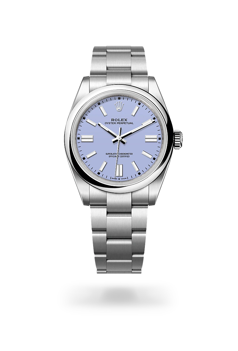Rolex Oyster Perpetual 41 in Oystersteel with Lavender dial, Domed bezel, and Oyster, three-piece solid links bracelet