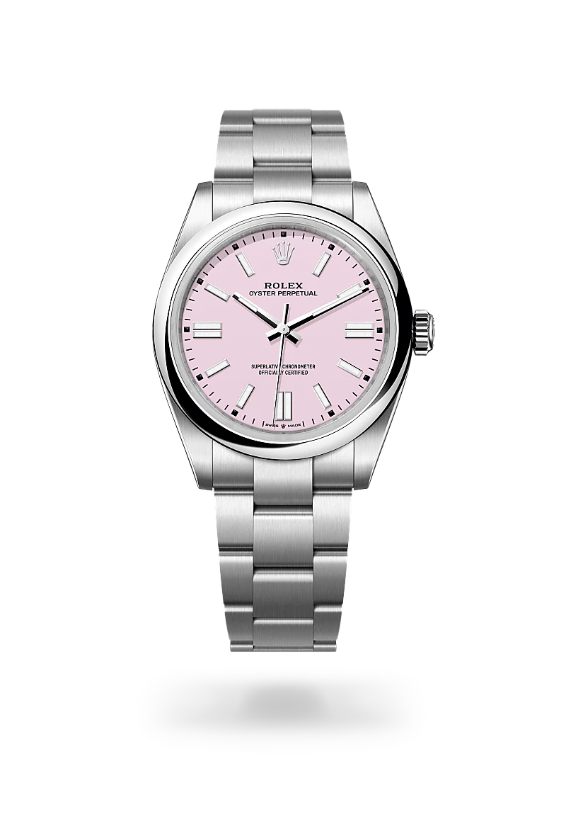 Rolex Oyster Perpetual 41 in Oystersteel with Candy pink dial, Domed bezel, and Oyster, three-piece solid links bracelet